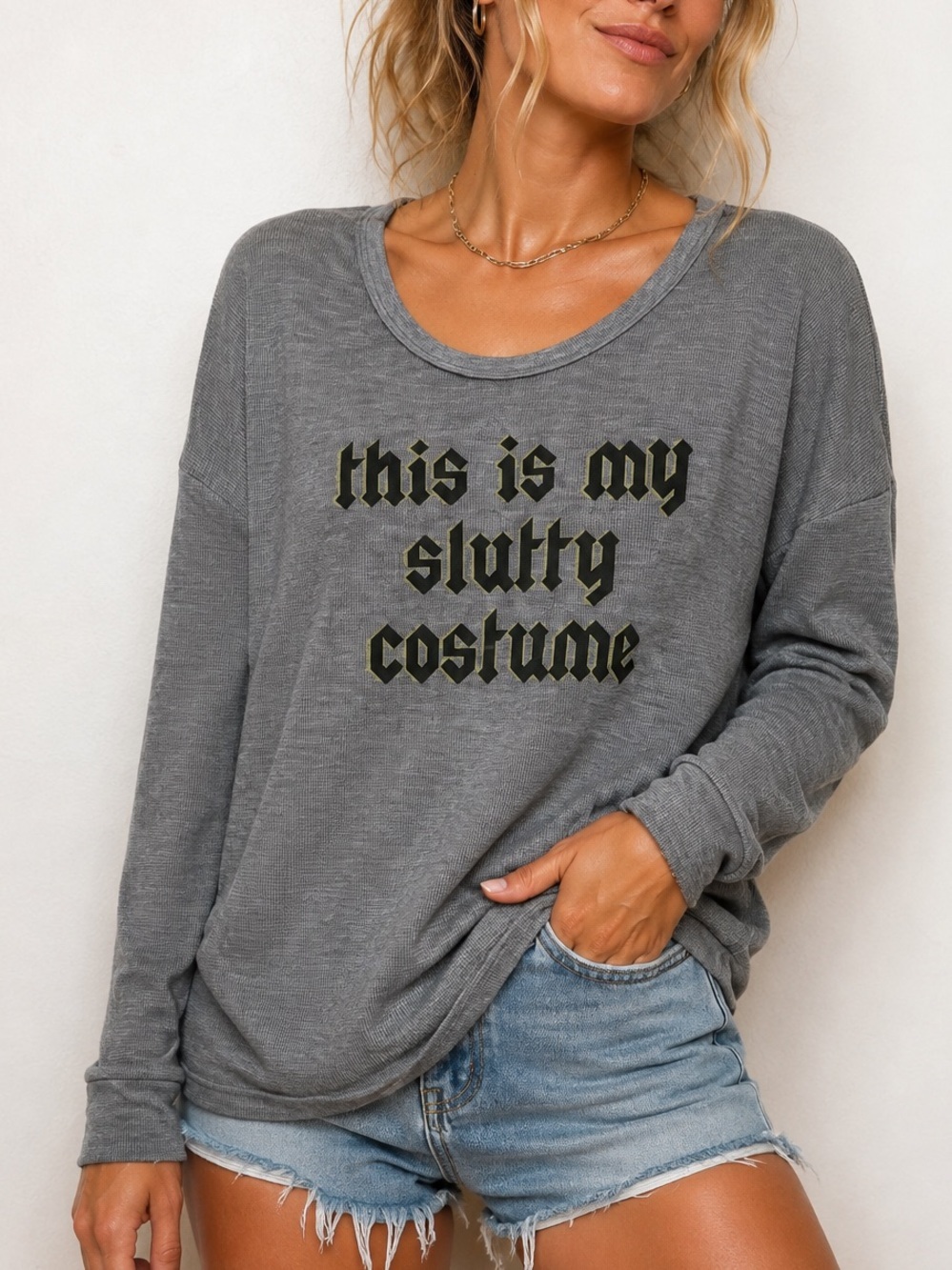 Wildfox Gray This Is My Slutty Costume Termal Tunic Long Sleeve Oversized Small